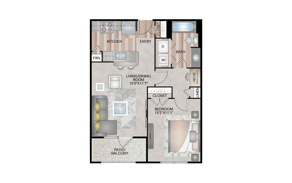 A1 - 1 bedroom floorplan layout with 1 bath and 668 square feet. (2D)