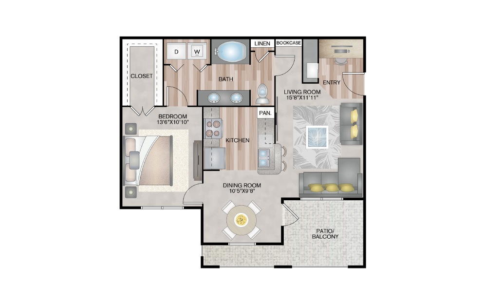 A3 - 1 bedroom floorplan layout with 1 bath and 852 square feet. (2D)