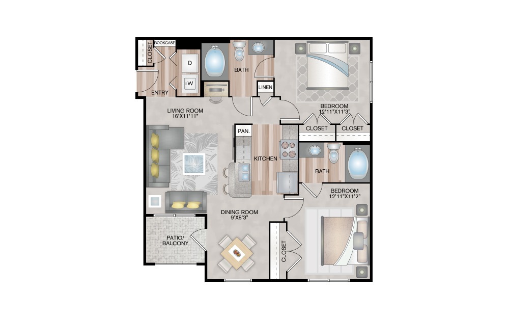 B1 - 2 bedroom floorplan layout with 2 baths and 993 square feet. (2D)