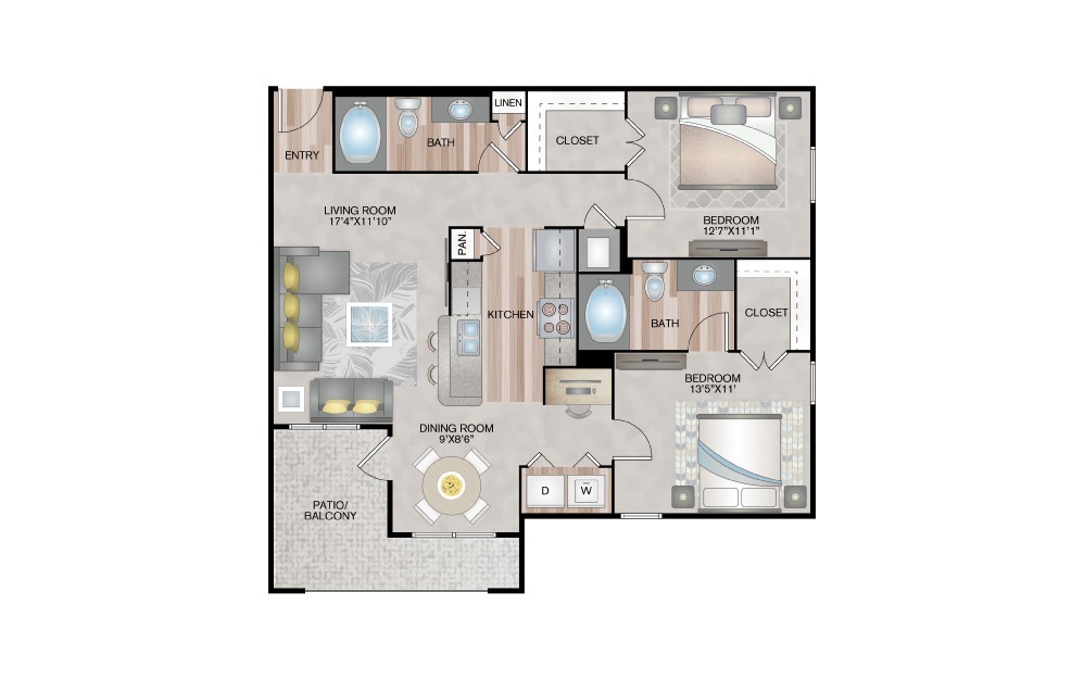 B2 - 2 bedroom floorplan layout with 2 baths and 1100 square feet. (2D)