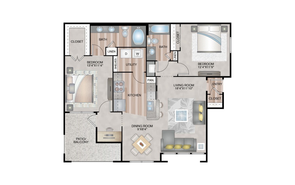 B3.1 - 2 bedroom floorplan layout with 2 baths and 1153 square feet. (2D)