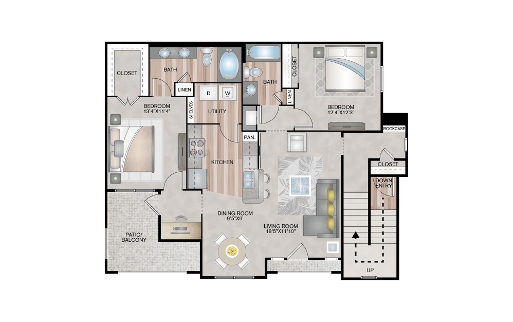 B3.2 - 2 bedroom floorplan layout with 2 baths and 1210 square feet.