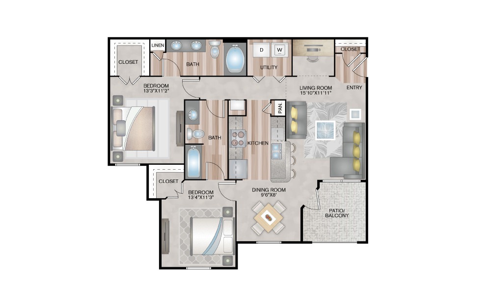 B4 - 2 bedroom floorplan layout with 2 baths and 1153 square feet.
