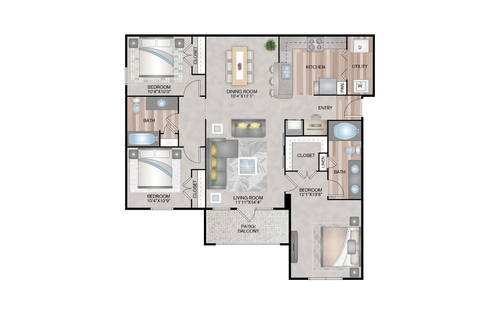 C1 - 3 bedroom floorplan layout with 2 baths and 1310 square feet.